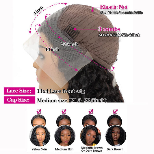 13x4 Lace Frontal Human Hair Wig,Natural Color,Deep Wave,150 Density